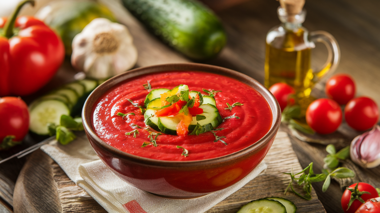 A bowl of vibrant red gazpacho garnished with diced cucumbers, bell peppers, and fresh herbs, served chilled in a white ceramic bowl.