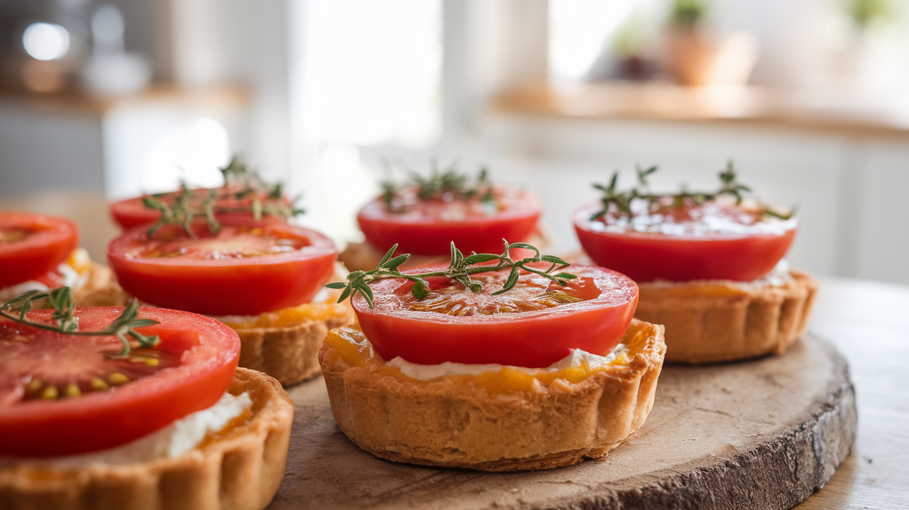 Golden-brown puff pastry tartlets topped with cherry tomatoes and fresh herbs on a baking tray.