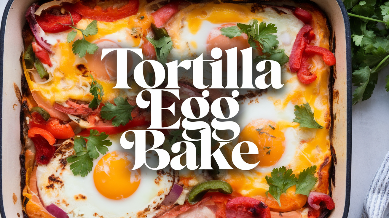 A freshly baked tortilla egg bake with layers of tortillas, eggs, cheese, and vegetables, served on a white plate with a garnish of fresh herbs.