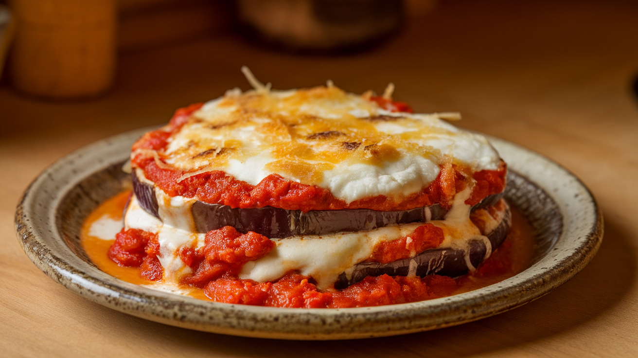 A close-up of a slice of traditional eggplant parmigiana, layered with tomato sauce, melted mozzarella, parmesan cheese, and fresh basil.