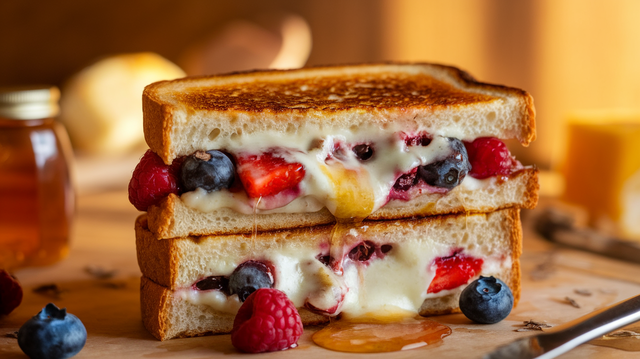 Golden grilled cheese sandwich oozing with melted cheese, fresh berries, and a drizzle of truffle honey on a rustic wooden board.