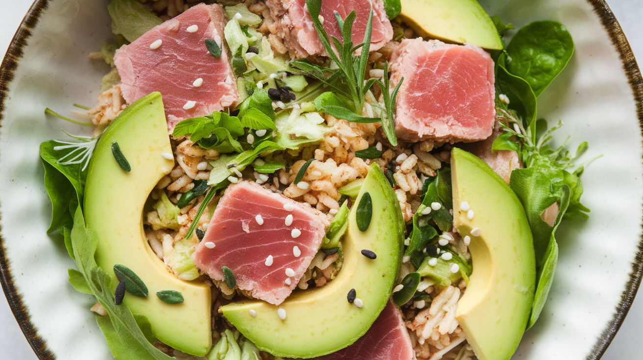 A vibrant bowl of Tuna Avocado Crispy Rice Salad topped with seared tuna, creamy avocado slices, crispy rice pieces, and fresh greens.