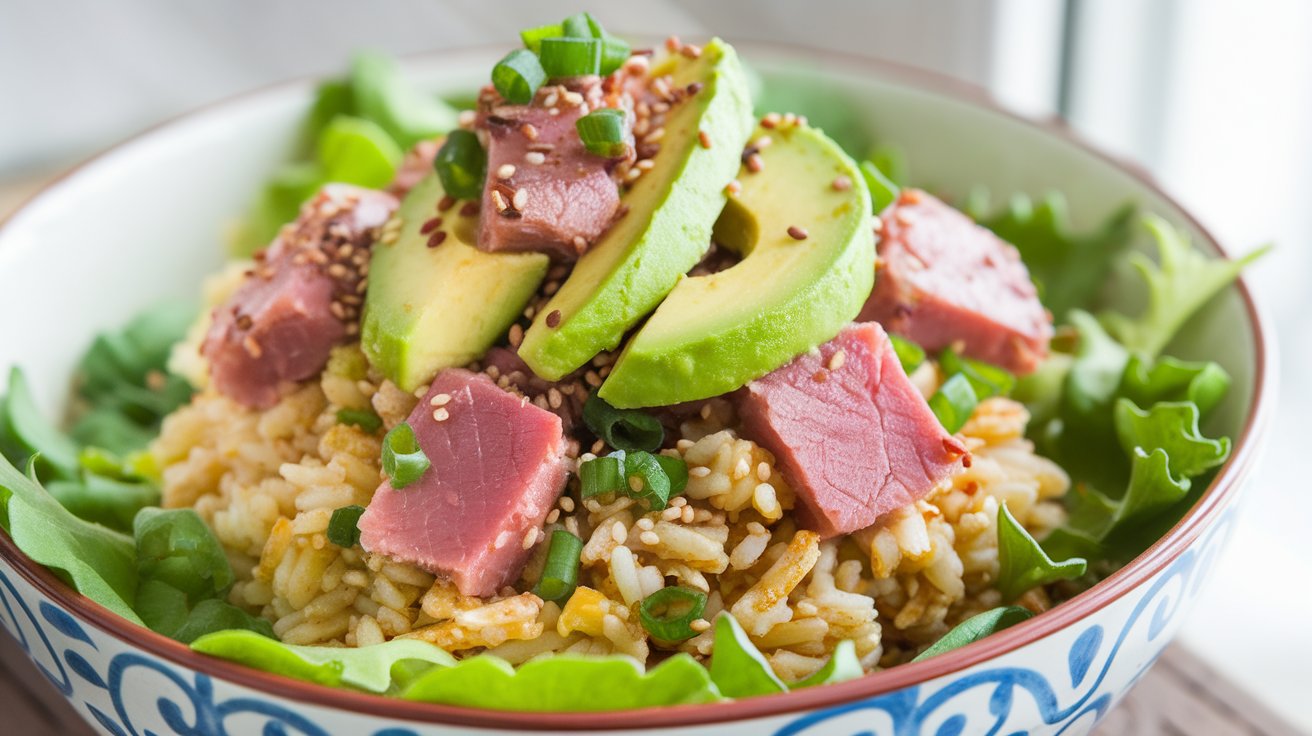 Close-up of Tuna Avocado Crispy Rice Salad with seared tuna, diced avocado, and crispy rice cubes drizzled with sauce.