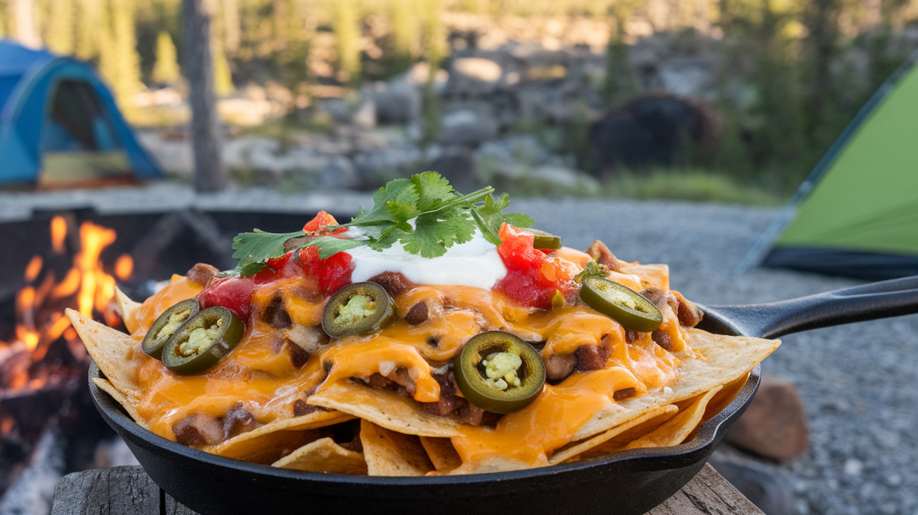 A skillet filled with loaded campfire nachos topped with melted cheese, jalapeños, sour cream, and fresh cilantro.