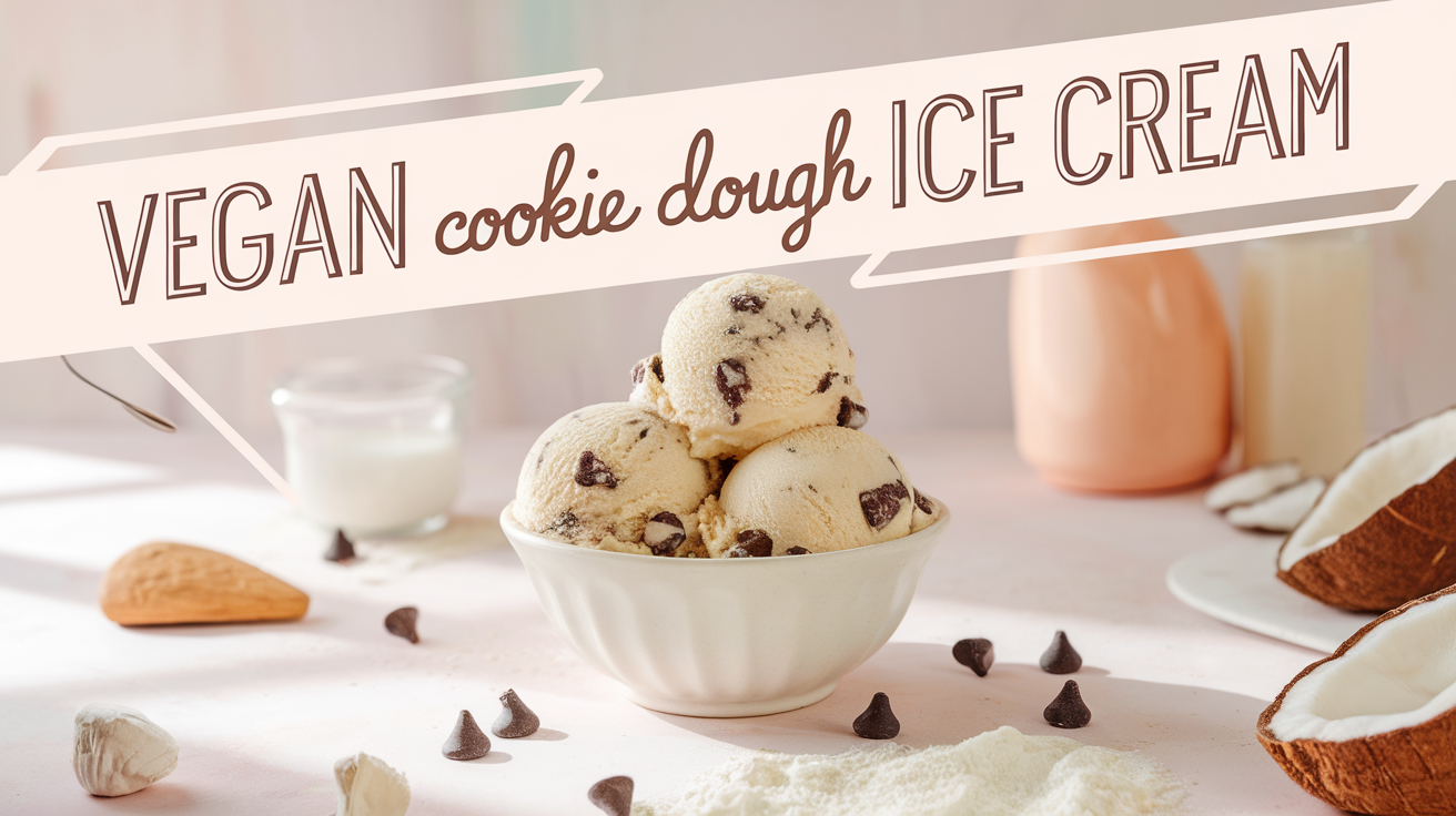 A scoop of creamy vegan cookie dough ice cream in a bowl, topped with chunks of cookie dough and chocolate chips.