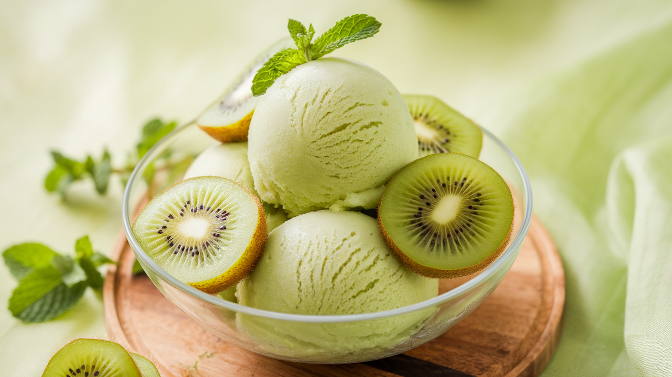 Vibrant green vegan kiwi sorbet in a bowl with fresh kiwi slices and mint leaves on top.