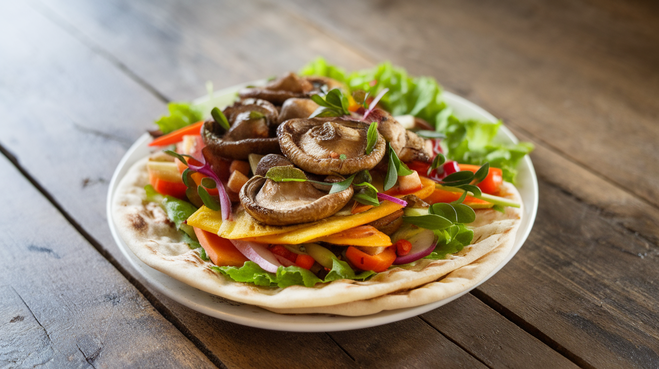 Close-up of vegan shawarma wrap filled with seasoned oyster mushrooms, fresh veggies, and sauce, served on a wooden board.