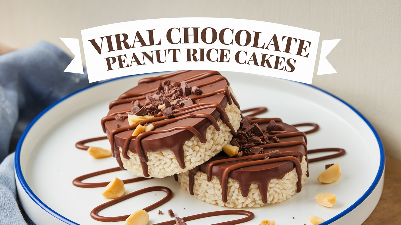 Viral chocolate peanut butter rice cakes with a glossy chocolate coating and peanut butter drizzle, arranged on a plate.