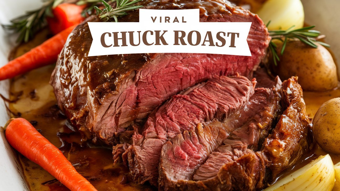 A deliciously tender and juicy viral chuck roast, cooked to perfection, served on a plate with roasted vegetables and a rich gravy.