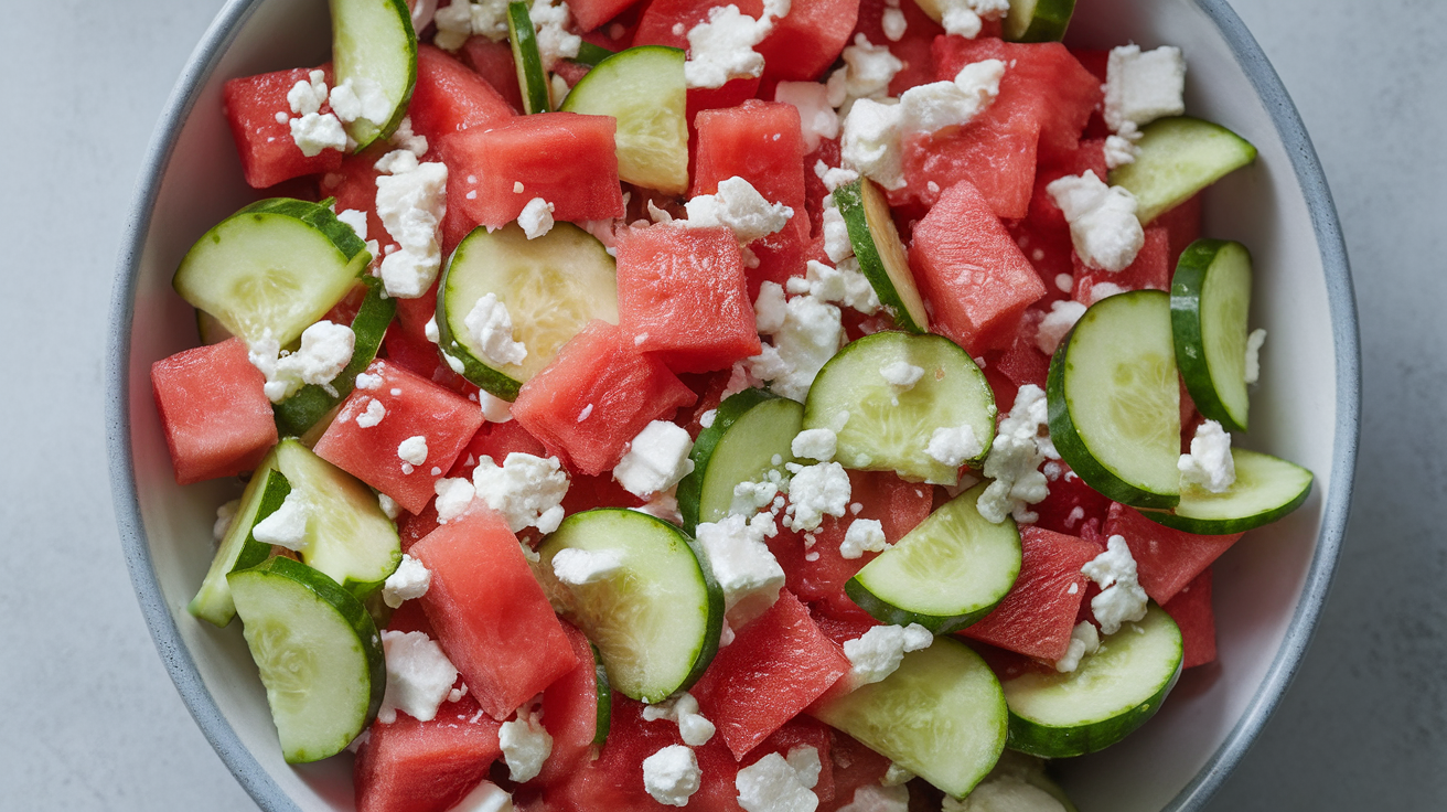 A vibrant watermelon salad with chunks of cucumber and crumbled feta cheese garnished with fresh mint leaves.