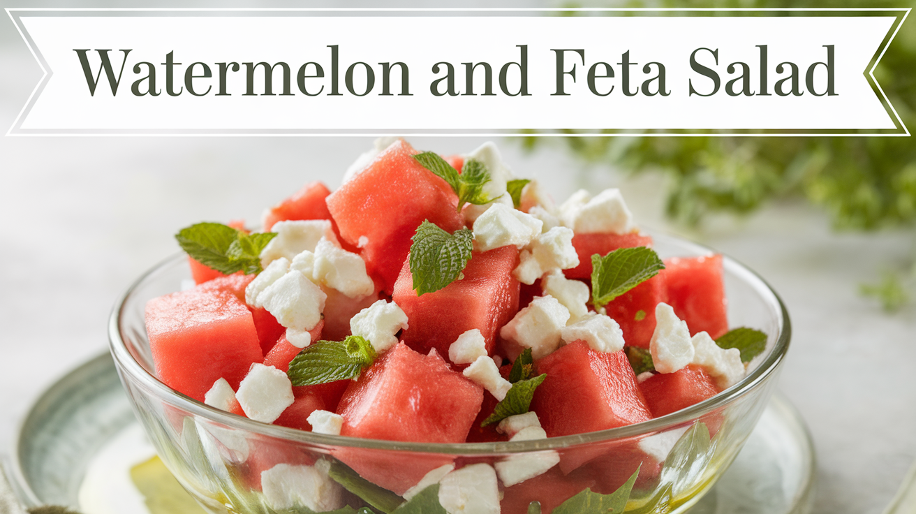Fresh watermelon and feta salad with mint leaves and a drizzle of balsamic glaze, served in a rustic bowl.