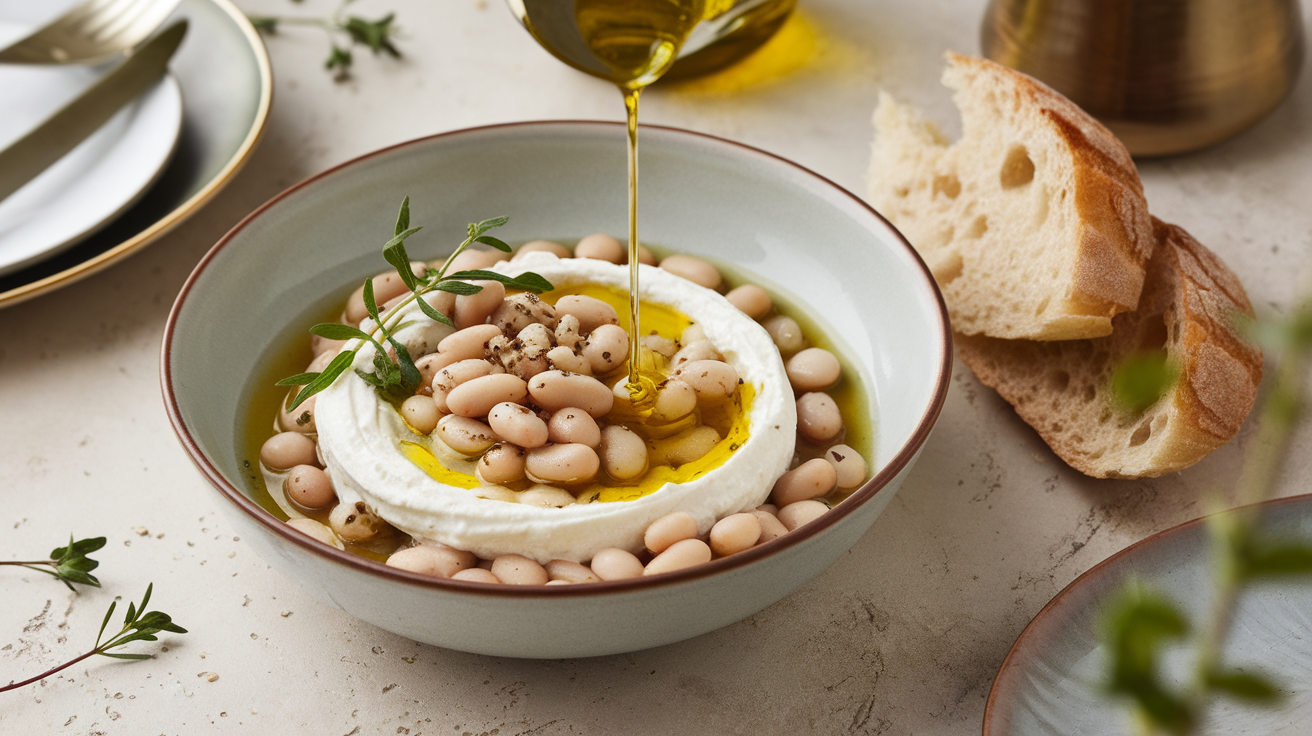 A bowl of creamy whipped feta topped with seasoned white beans, garnished with fresh herbs and served with toasted bread.
