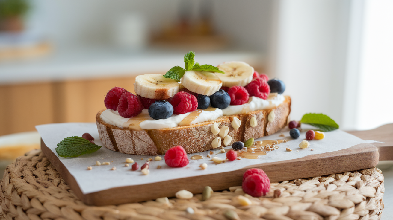 Yogurt toast topped with fresh berries and honey on a wooden cutting board.