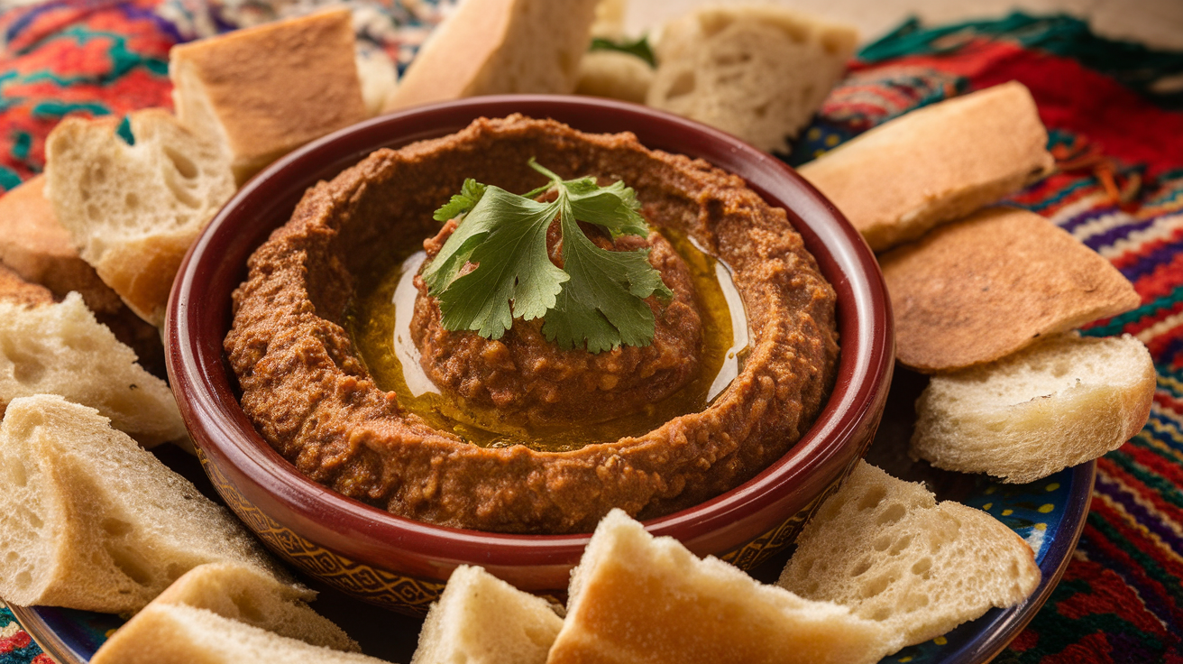 A bowl of Zaalouk, a Moroccan eggplant and tomato dip, garnished with chopped parsley and served with slices of crusty bread.