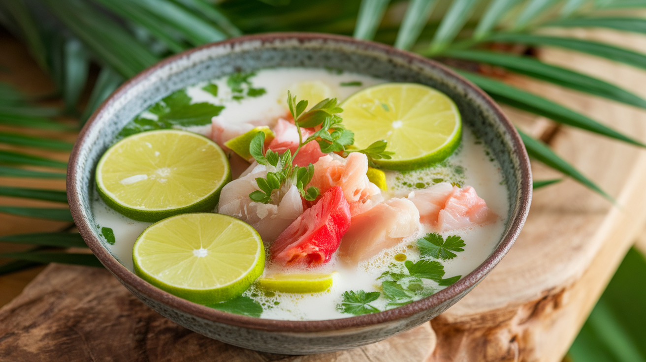 A vibrant bowl of zesty coconut lime fish soup garnished with fresh herbs and lime wedges.