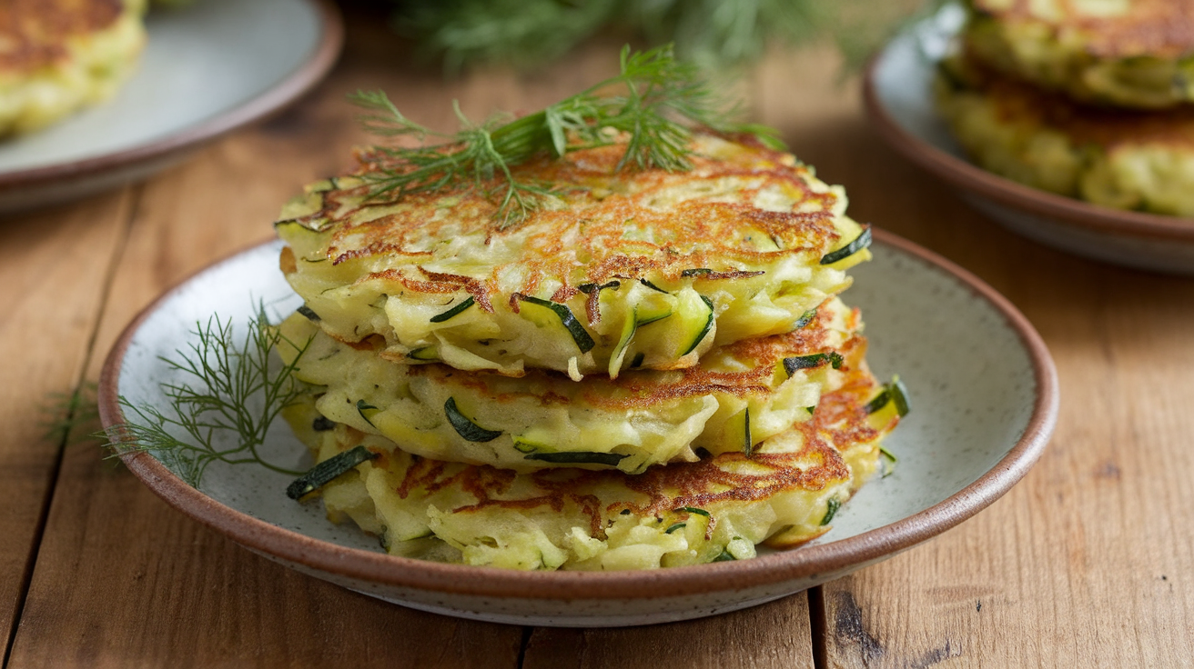 Golden-brown zucchini fritters stacked on a white plate garnished with fresh herbs.