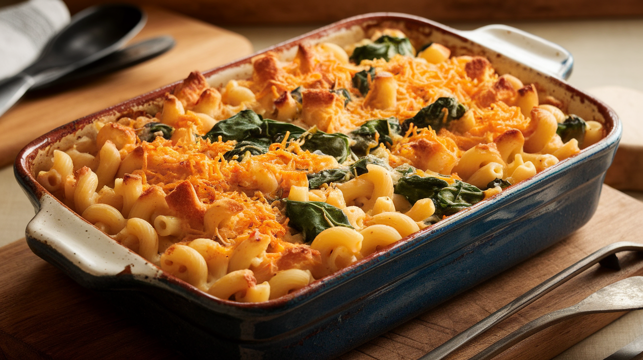 Creamy baked macaroni and cheese with melted golden-brown cheese topping and fresh spinach leaves mixed in.