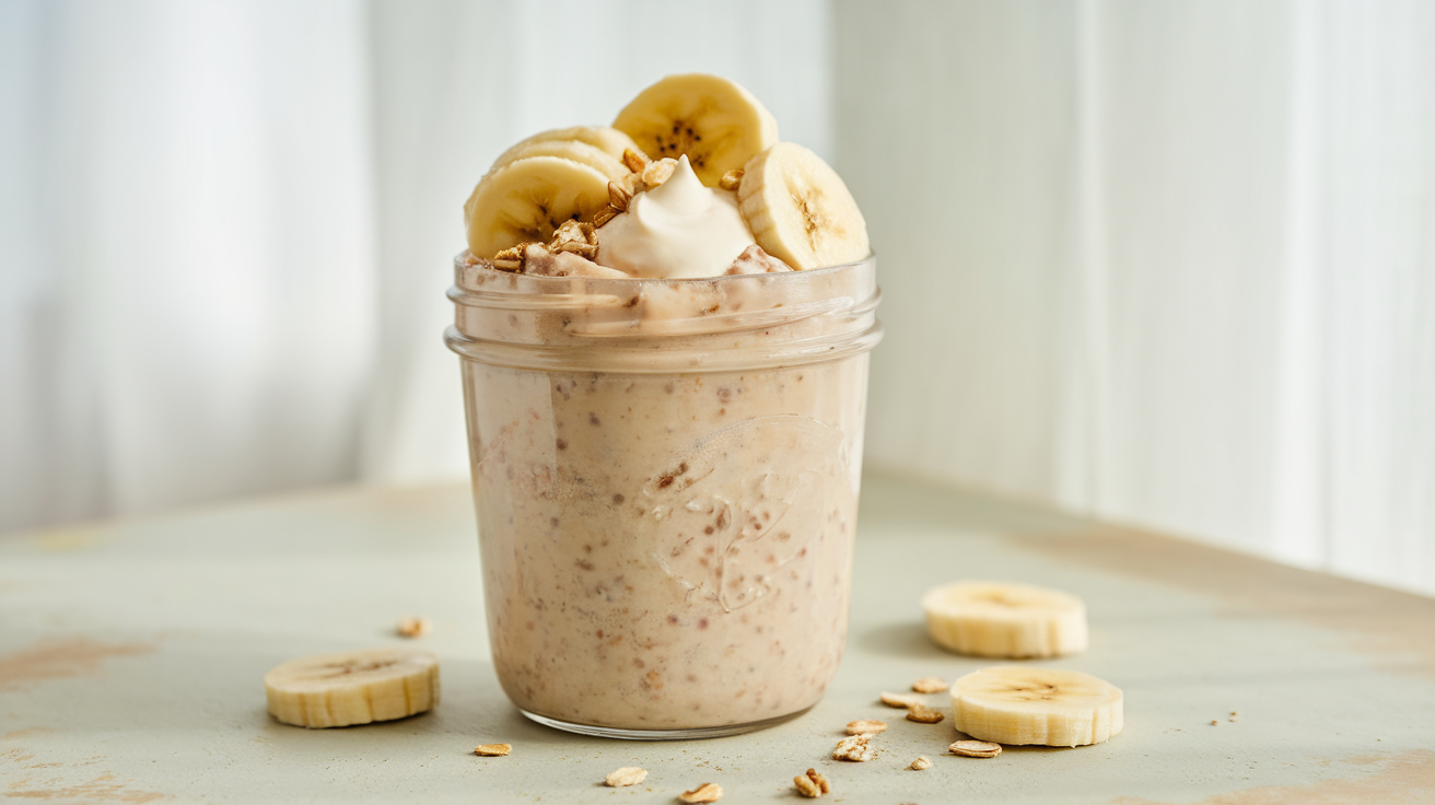 A jar of creamy banana cream pie protein overnight oats topped with banana slices and crushed graham crackers.