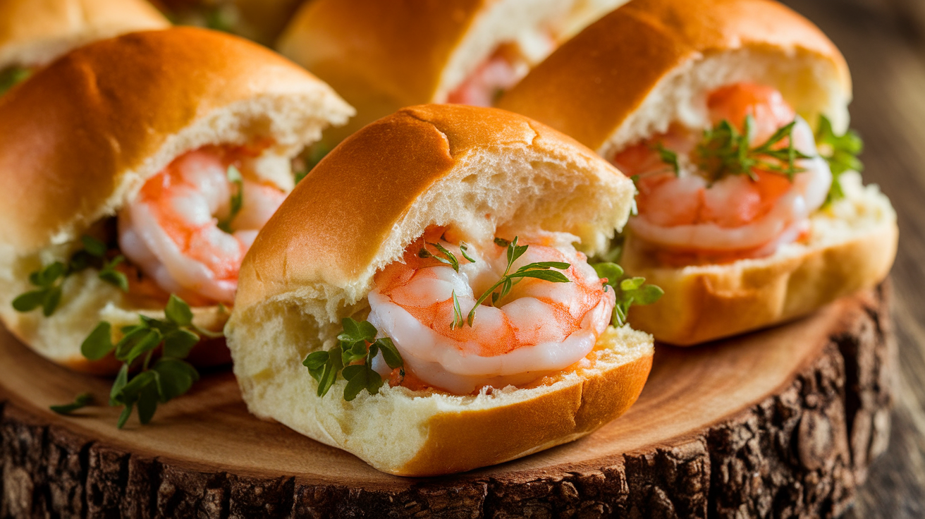 Buttery shrimp rolls served on a white plate with fresh herbs and a side dipping sauce.