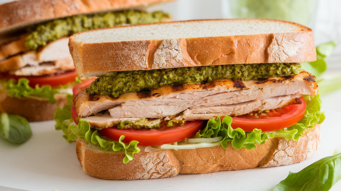 Grilled chicken pesto sandwich with fresh basil, melted cheese, and toasted bread.