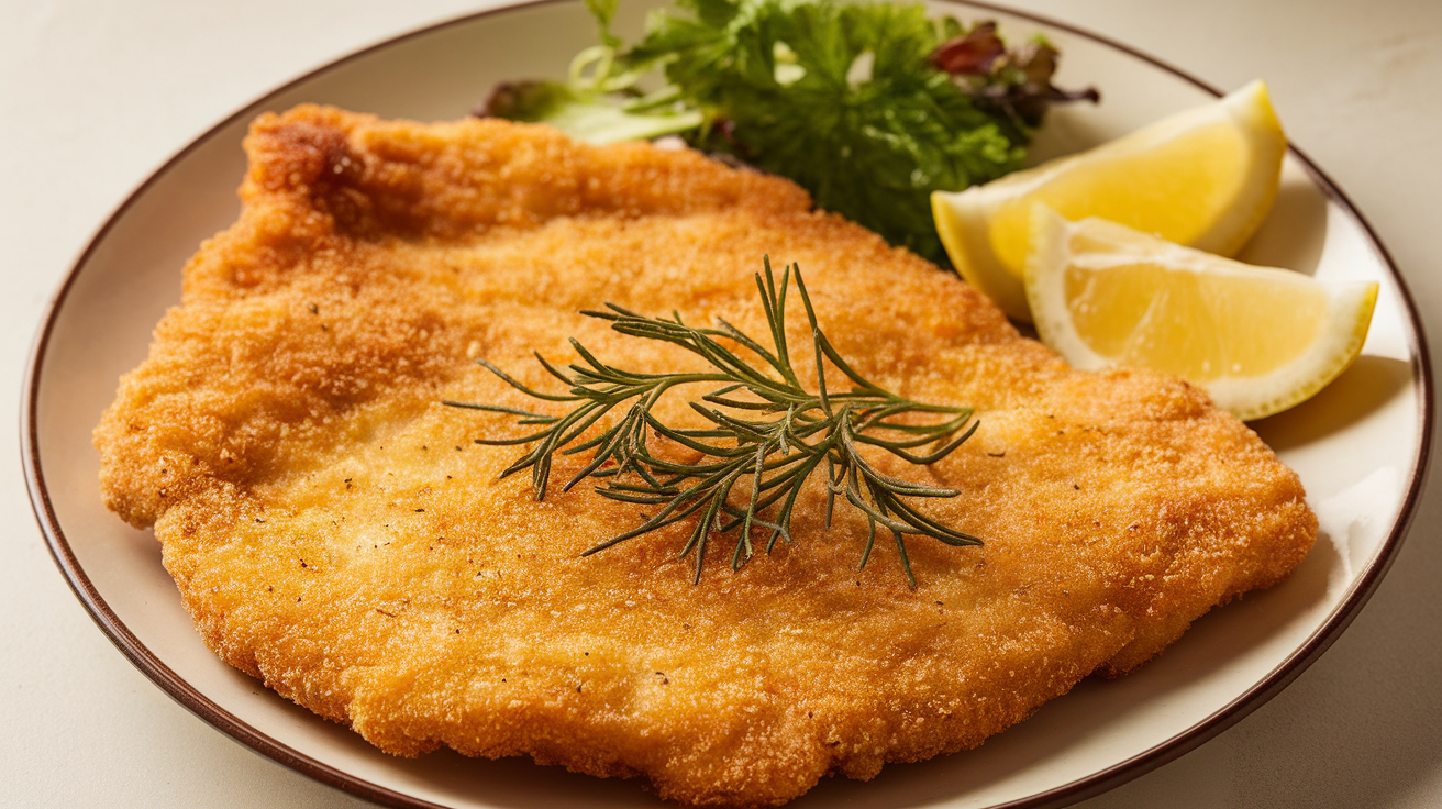 Crispy golden-brown chicken schnitzel served with lemon wedges and fresh parsley on a white plate.