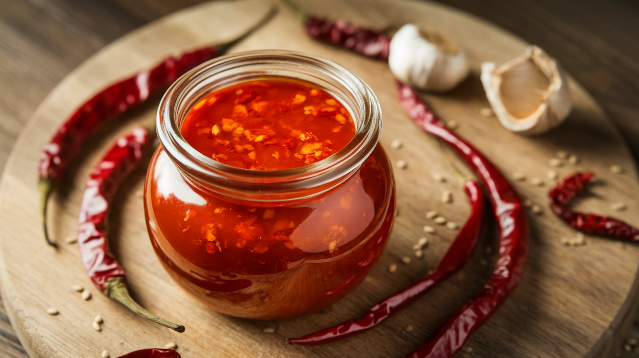 A glass jar filled with vibrant red chili oil, surrounded by dried chili flakes and fresh chili peppers.