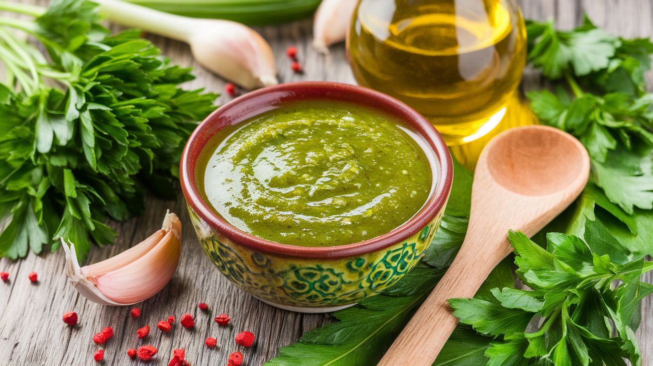 A bowl of fresh chimichurri sauce made with parsley, garlic, olive oil, and vinegar, surrounded by ingredients on a rustic wooden table.