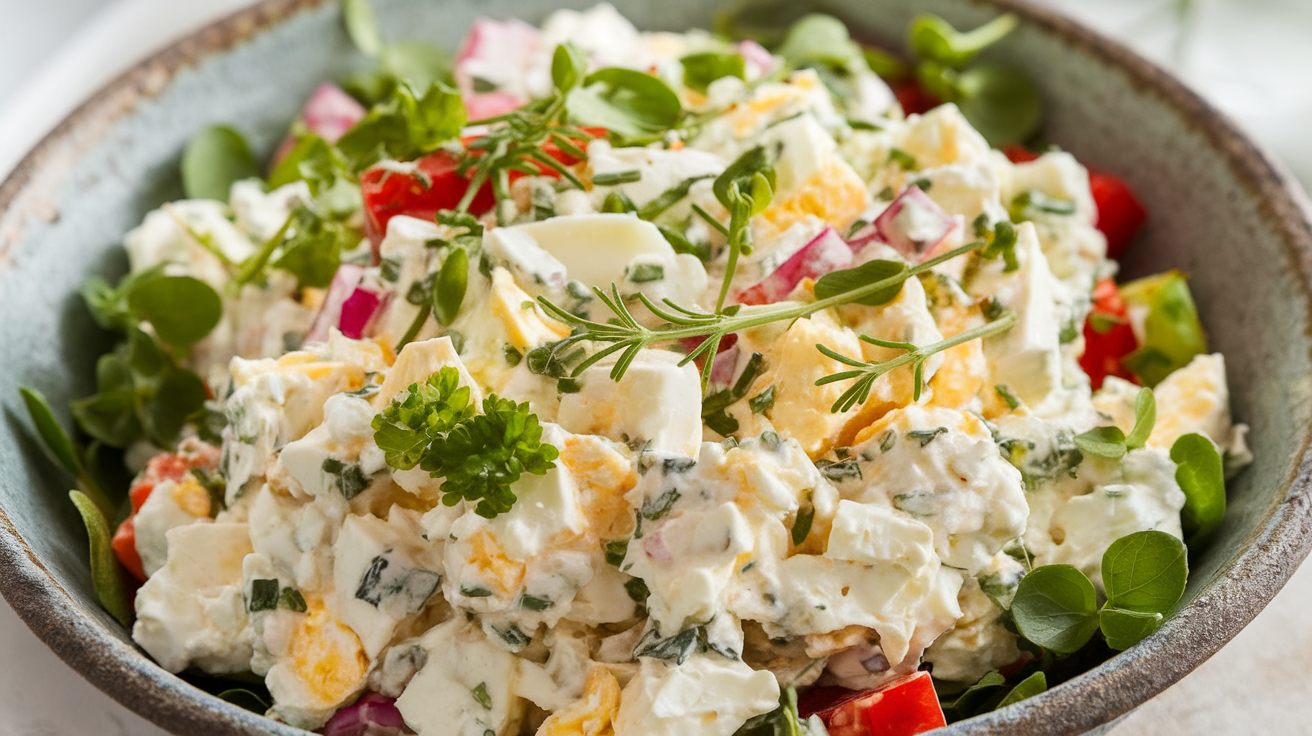 A fresh bowl of cottage cheese egg salad garnished with chopped green onions and paprika, served with toasted bread slices.