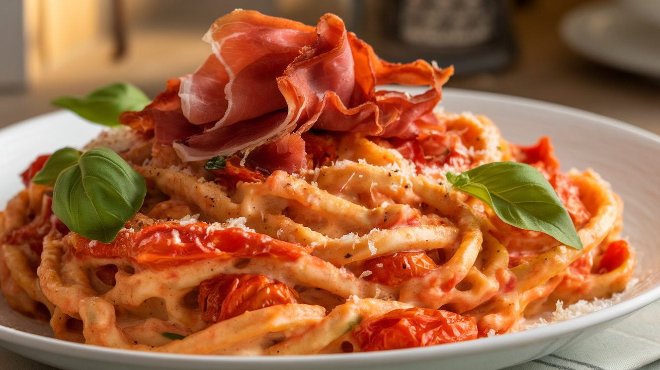 Creamy roasted tomato ricotta pasta topped with crispy golden prosciutto and fresh basil.