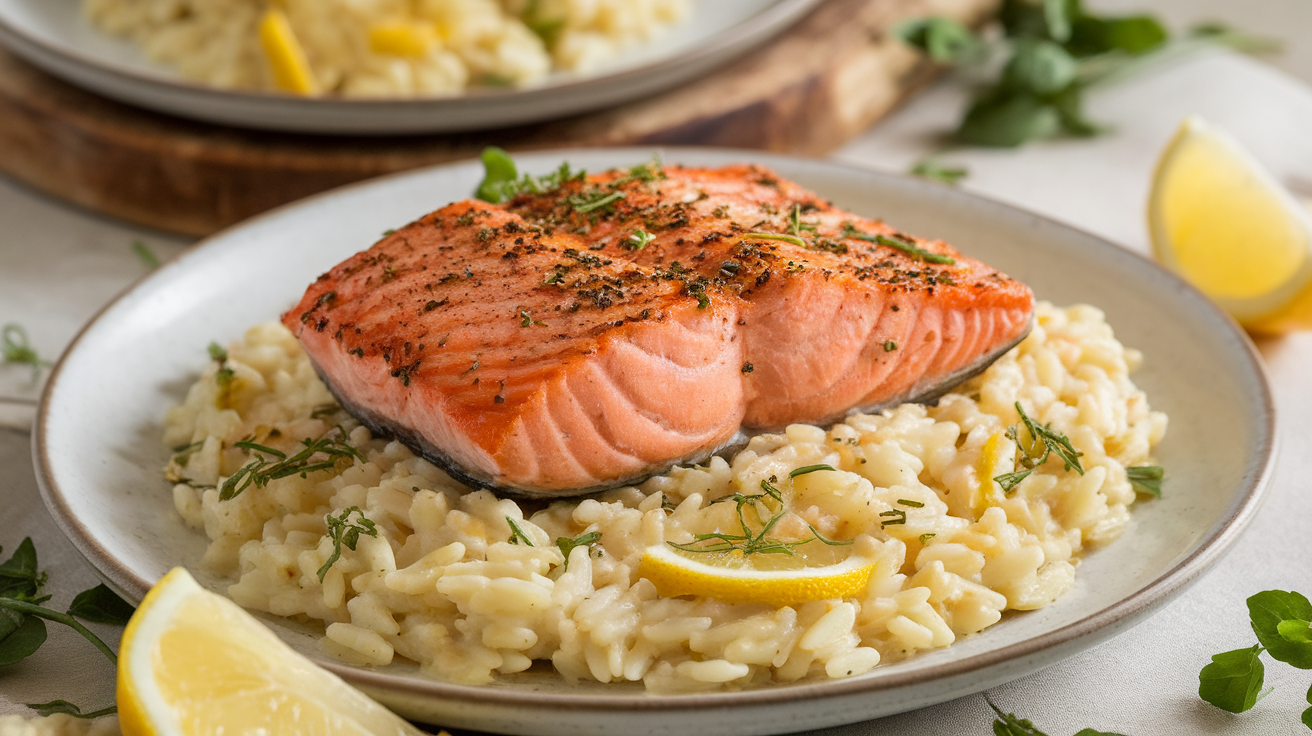 Creamy lemon garlic orzo topped with a pan-seared salmon fillet, garnished with fresh herbs and lemon slices.