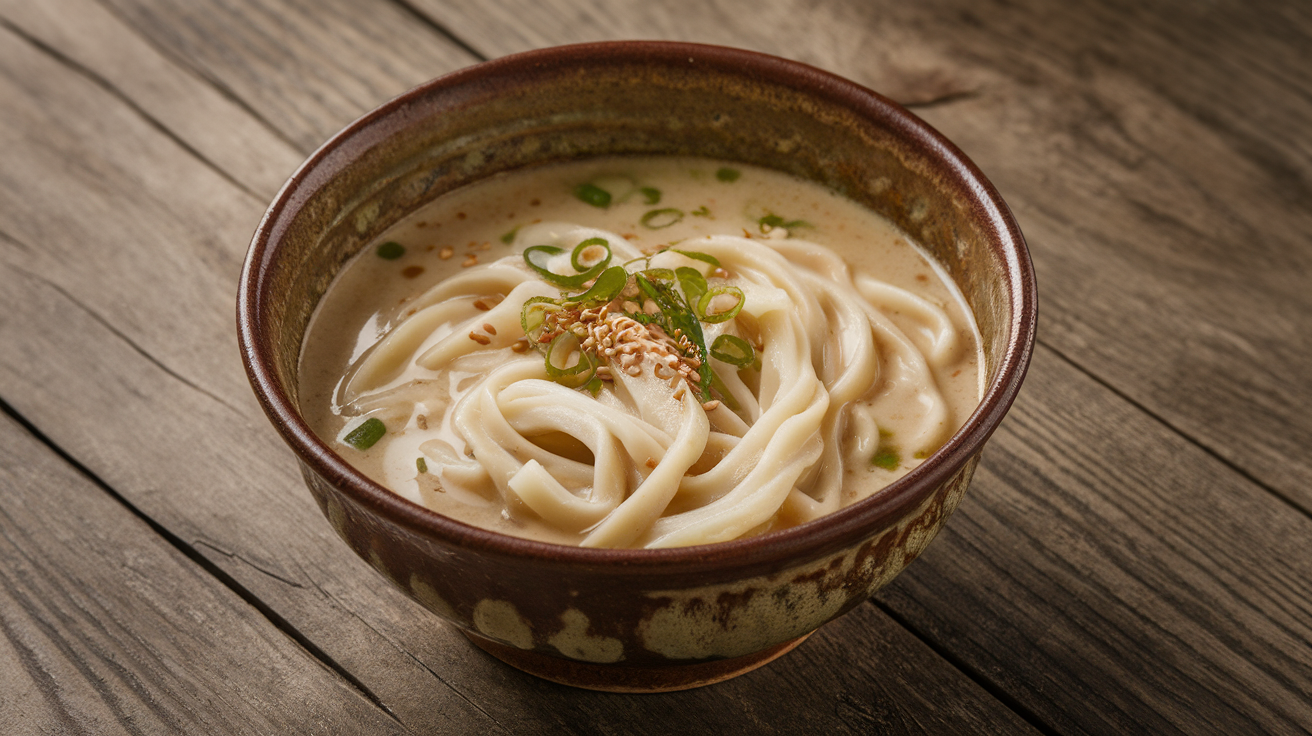 Bowl of somen noodles in creamy sesame miso soup garnished with green onions and sesame seeds.