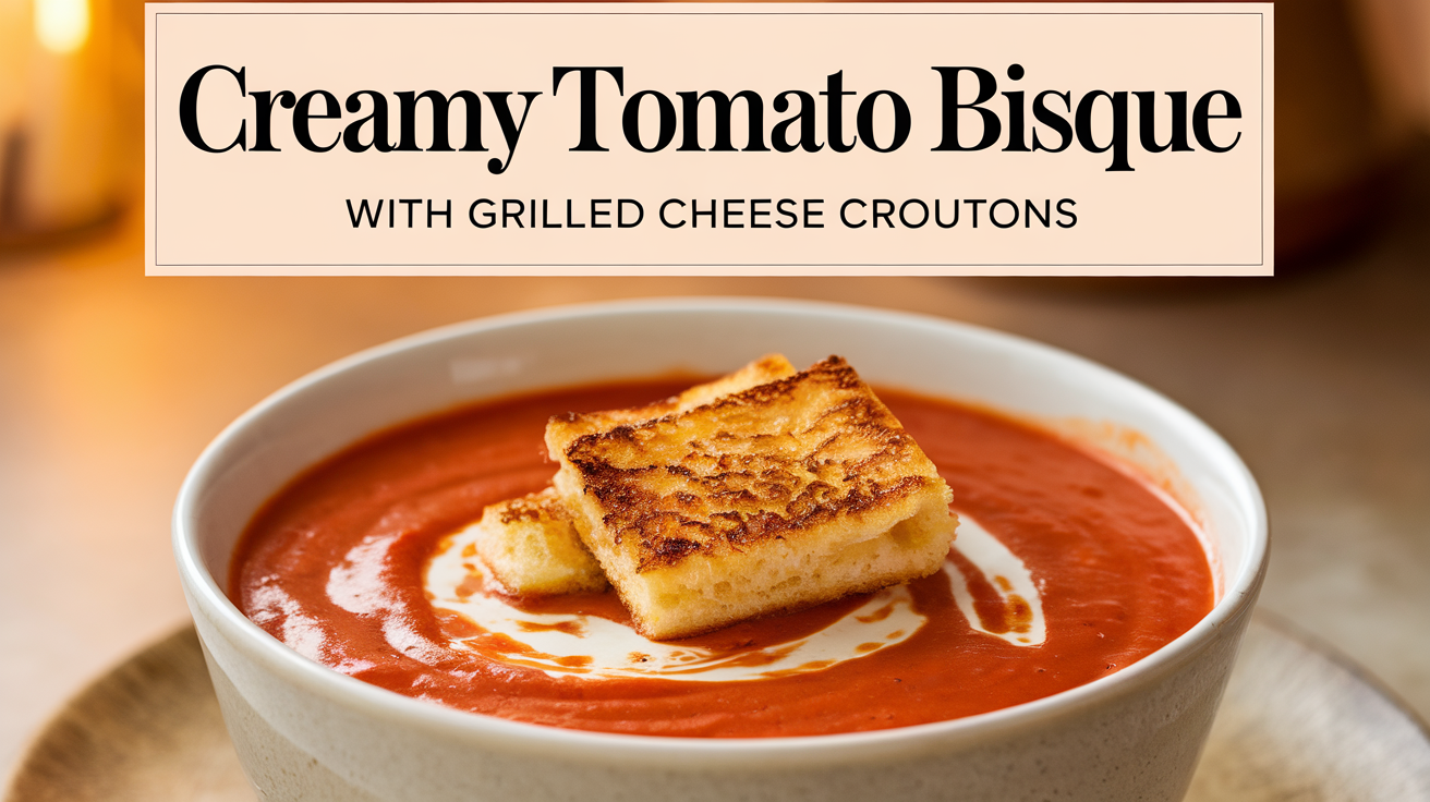 A warm bowl of creamy tomato bisque topped with crispy grilled cheese croutons.