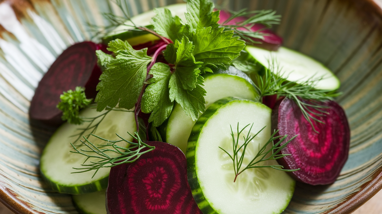 Fresh cucumber and beetroot salad garnished with vibrant green herbs in a rustic bowl.