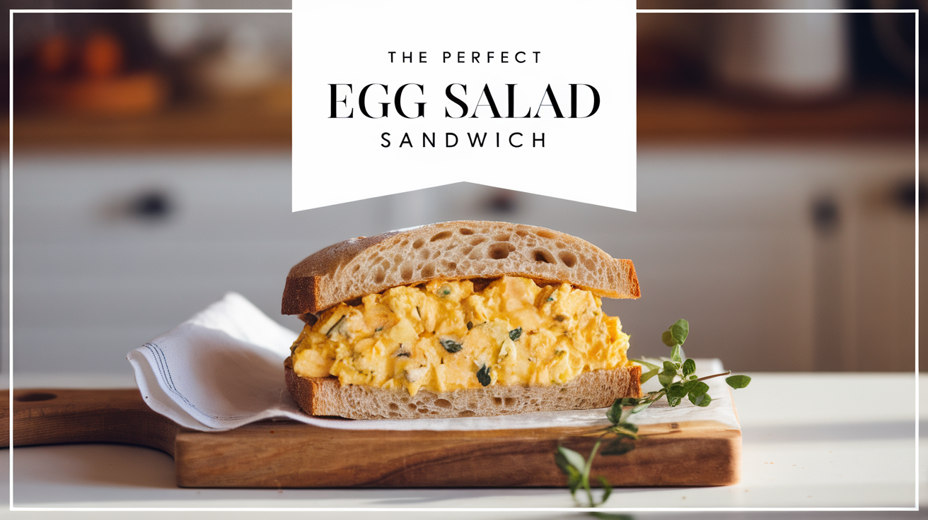 A close-up of a freshly made egg salad sandwich on toasted bread, garnished with lettuce and served on a white plate.