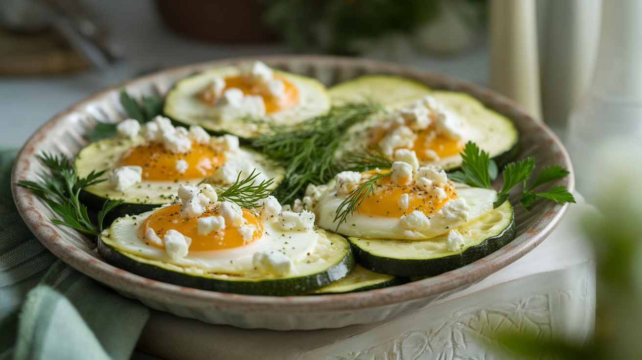 A skillet filled with scrambled eggs mixed with crumbled feta cheese and sautéed zucchini, garnished with fresh herbs.