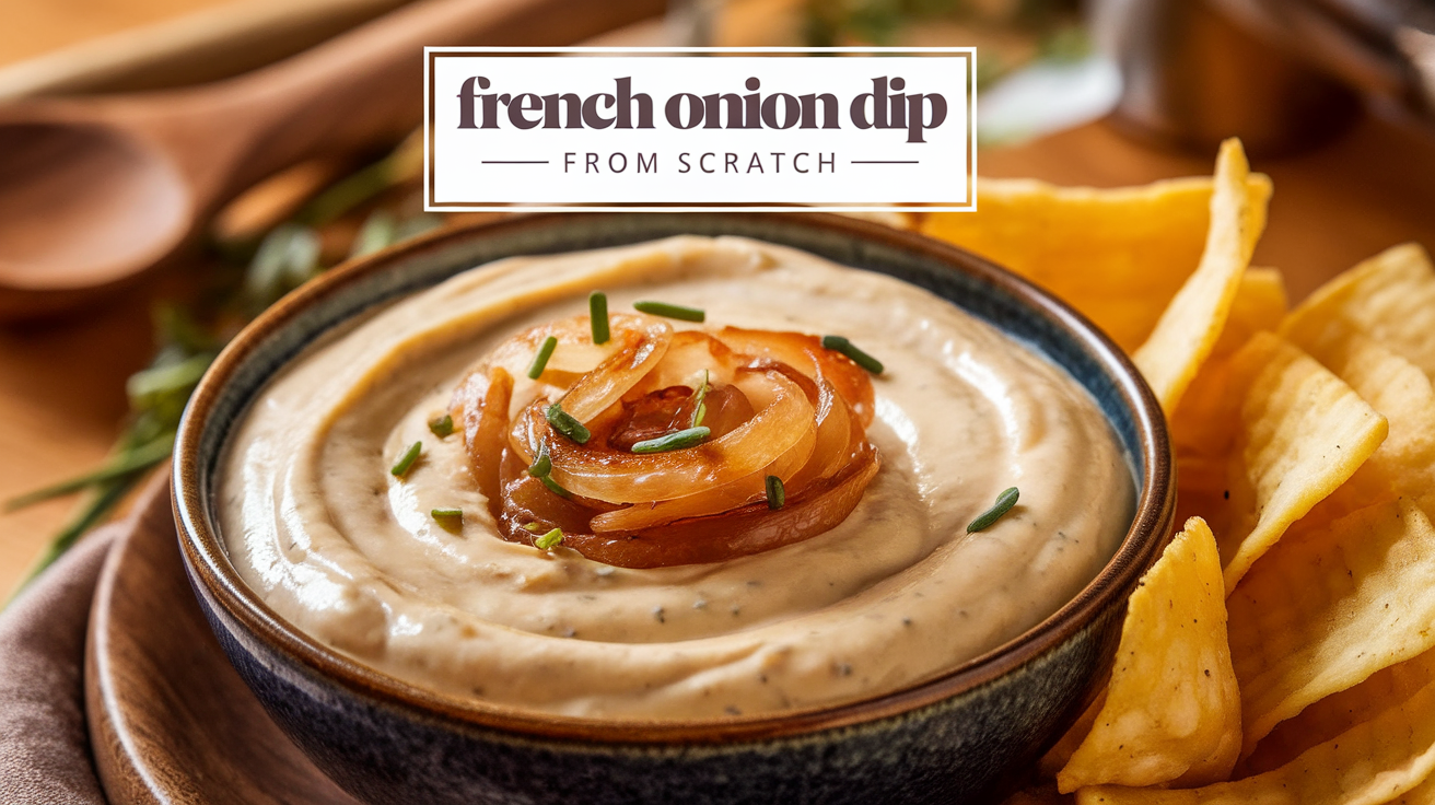Homemade French onion dip made from scratch with caramelized onions, sour cream, and a blend of savory seasonings.