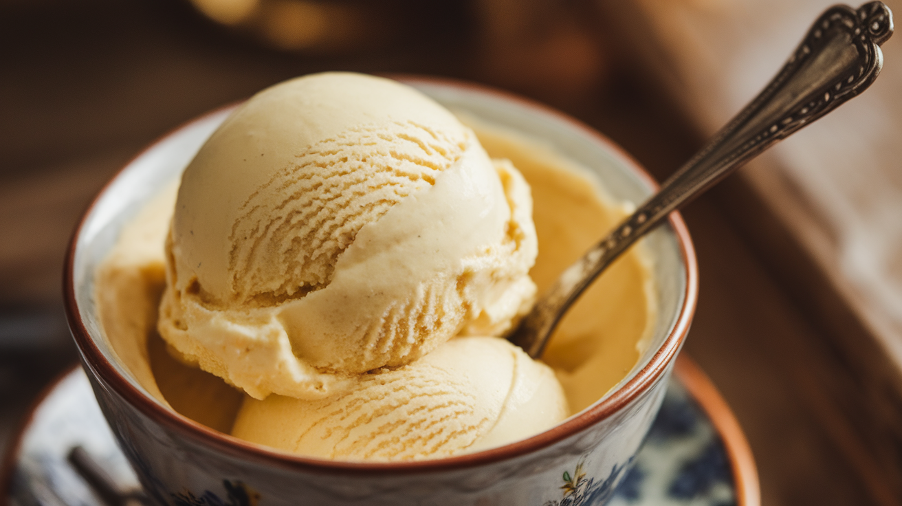 A bowl of creamy homemade custard ice cream with a spoon, garnished with fresh vanilla bean pods.