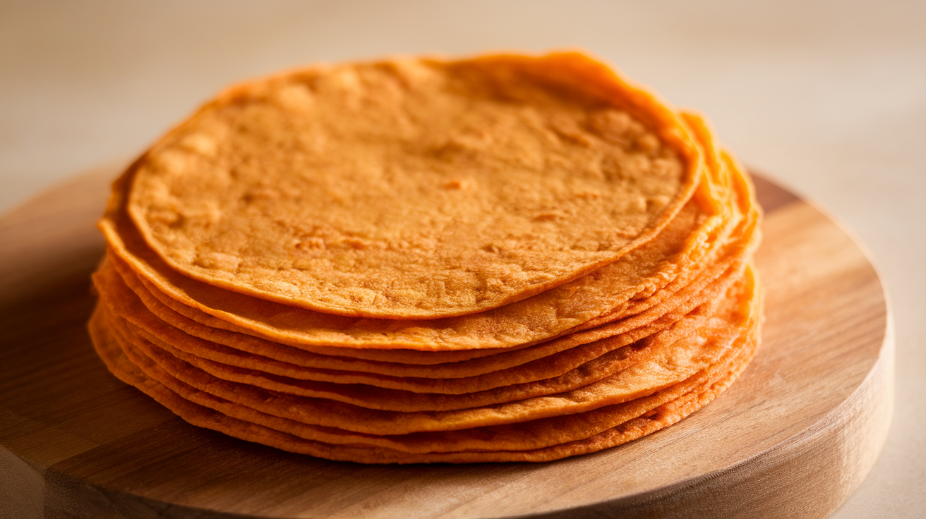 Stack of golden-brown, homemade sweet potato tortillas on a white plate.