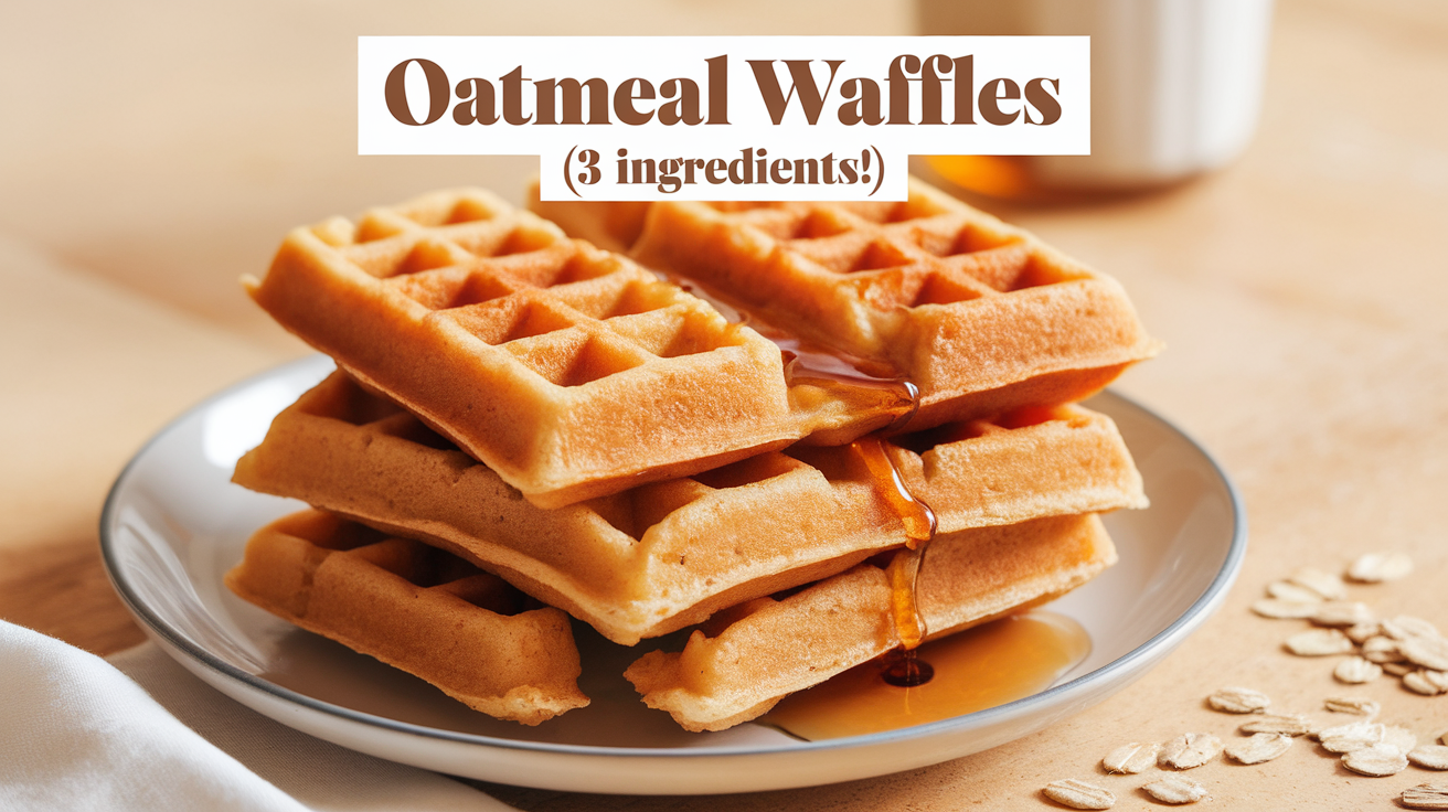 Golden-brown oatmeal waffles stacked on a plate, with a drizzle of honey and a side of fresh fruit.