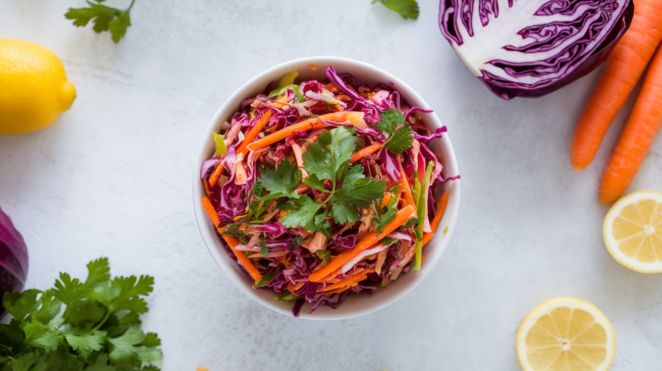 A vibrant bowl of quick and healthy red cabbage slaw with shredded cabbage, carrots, and a tangy dressing, garnished with fresh herbs.