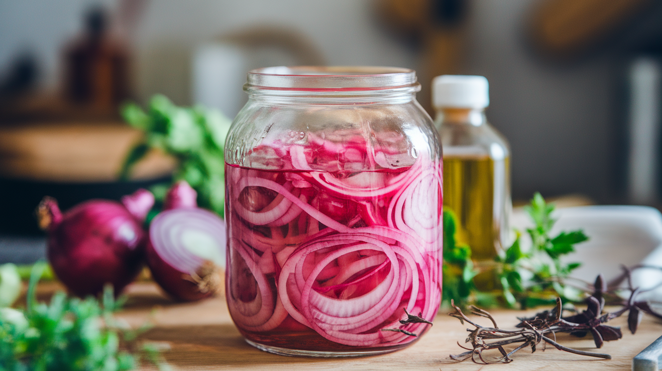 A jar of vibrant pink pickled red onions with fresh herbs, placed on a rustic wooden table alongside sliced onions and a small bowl of spices.
