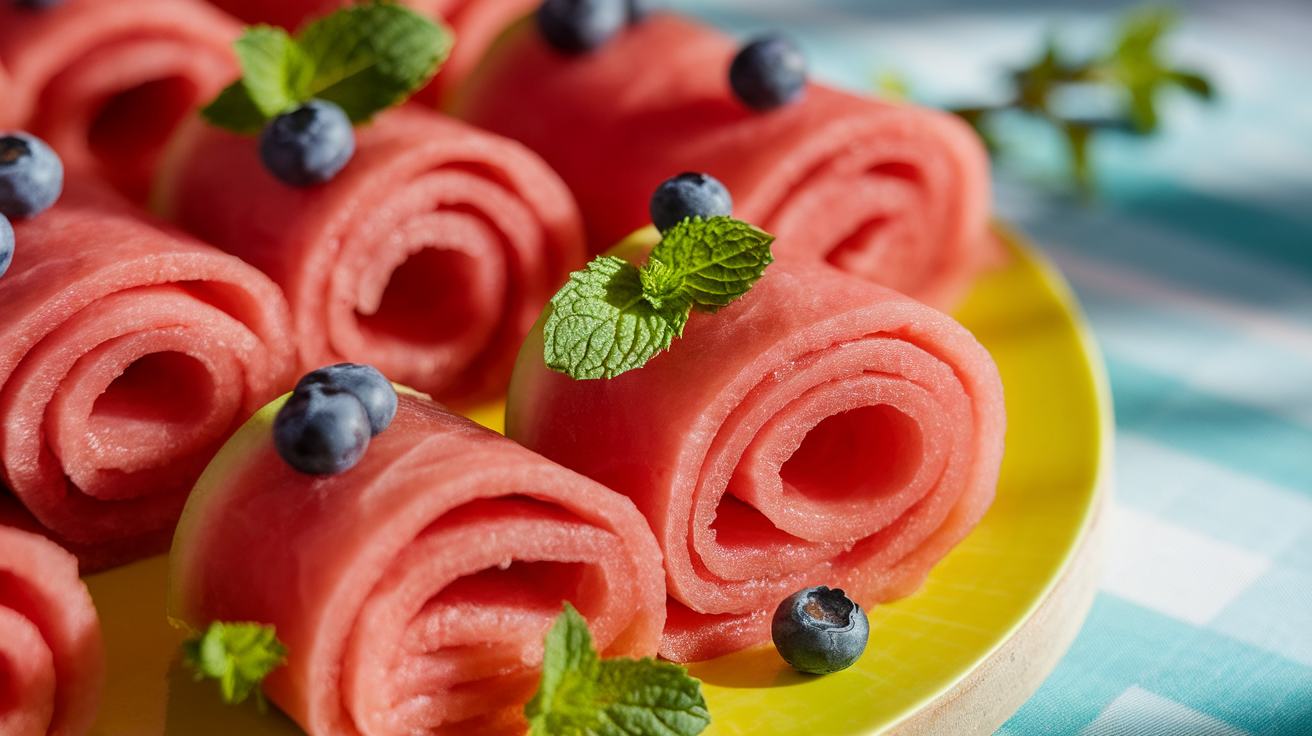 Bright red watermelon fruit roll-ups arranged on a white plate, showcasing their chewy texture and sprinkled with sugar.