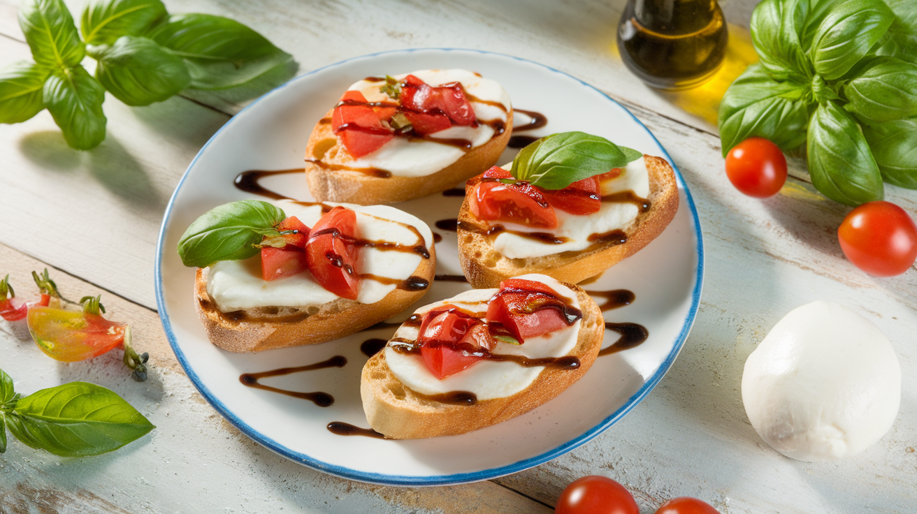 Close-up of freshly made bruschetta topped with melted mozzarella, diced tomatoes, fresh basil, and a drizzle of olive oil on toasted baguette slices.
