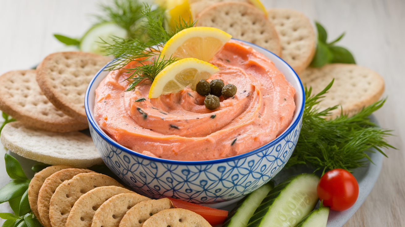Creamy smoked salmon dip in a white bowl, garnished with fresh dill and lemon slices, served with crackers and vegetable sticks.