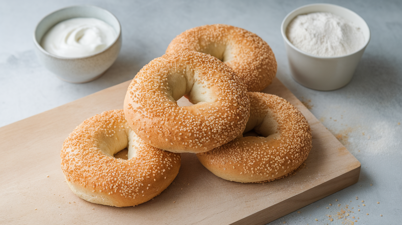 Freshly baked 2-ingredient bagels on a wire rack, golden brown and sprinkled with sesame seeds.
