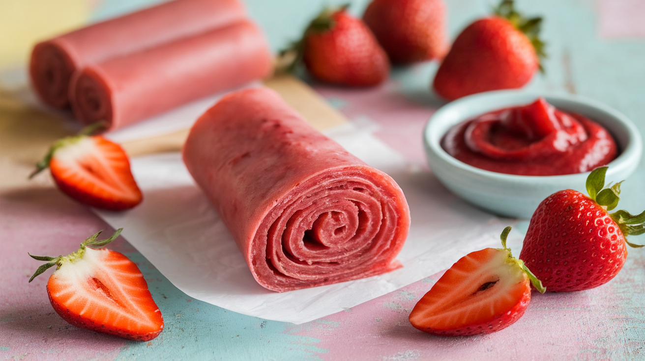 Thin, bright red strawberry fruit roll-ups rolled on parchment paper with fresh strawberries beside them