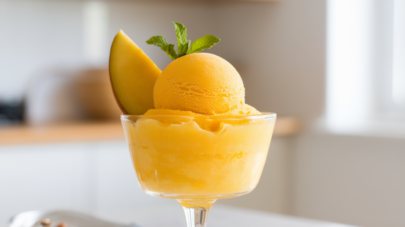 A vibrant bowl of smooth, bright orange mango sorbet garnished with fresh mango chunks and a sprig of mint.