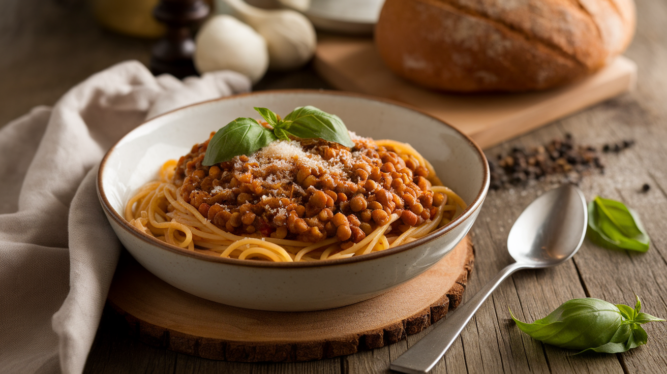 Hearty lentil Bolognese with tomatoes, herbs, and pasta in a white bowl, garnished with fresh basil.