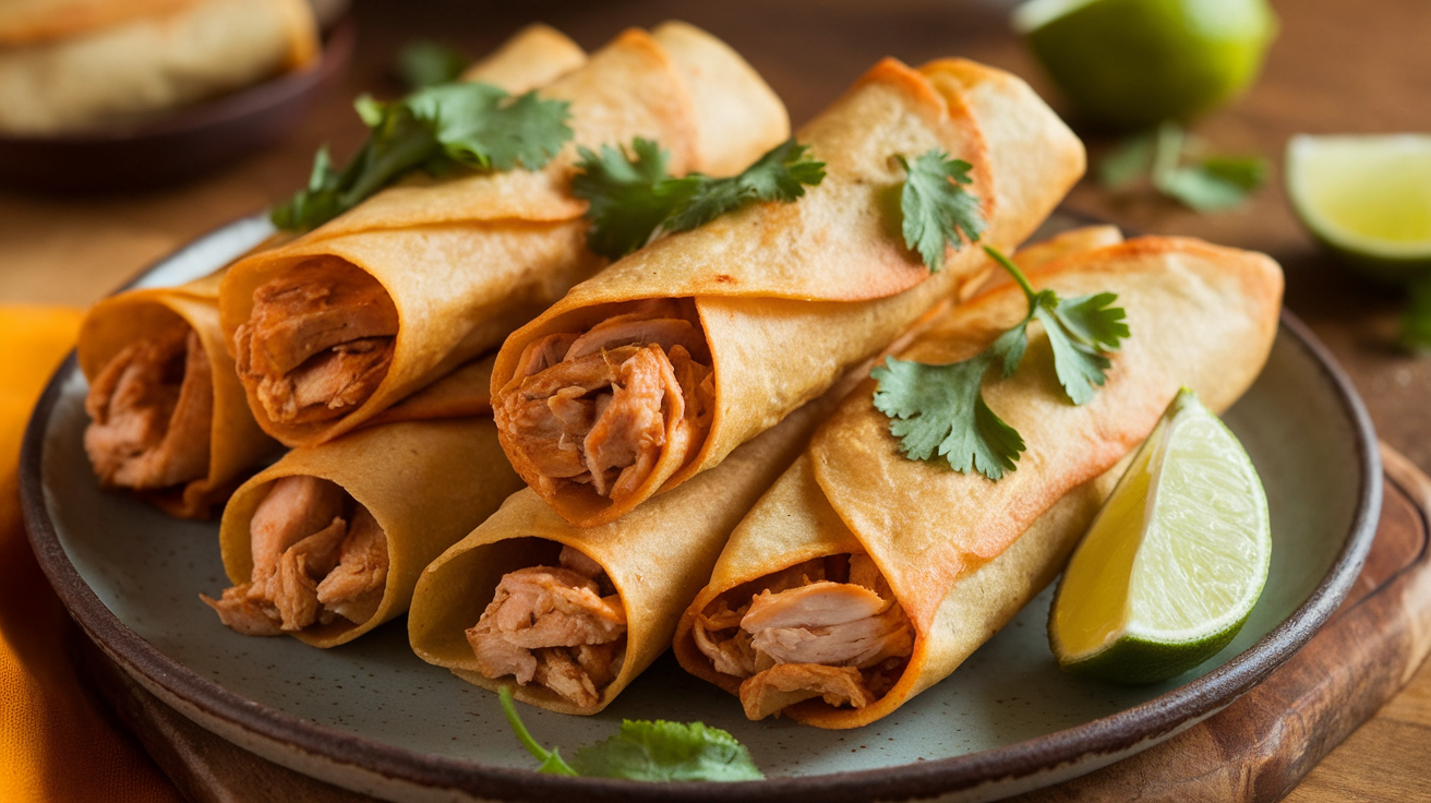 Golden crispy chipotle chicken taquitos served with a side of fresh salsa and creamy avocado dip.