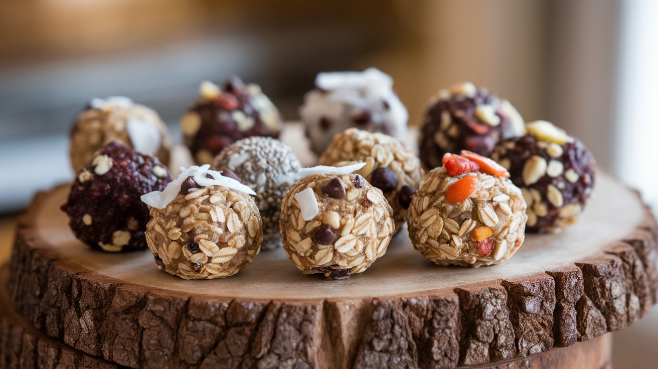 Eight colorful no-bake oatmeal energy balls arranged on a wooden board, featuring a variety of ingredients like nuts, seeds, dried fruits, and chocolate chips.